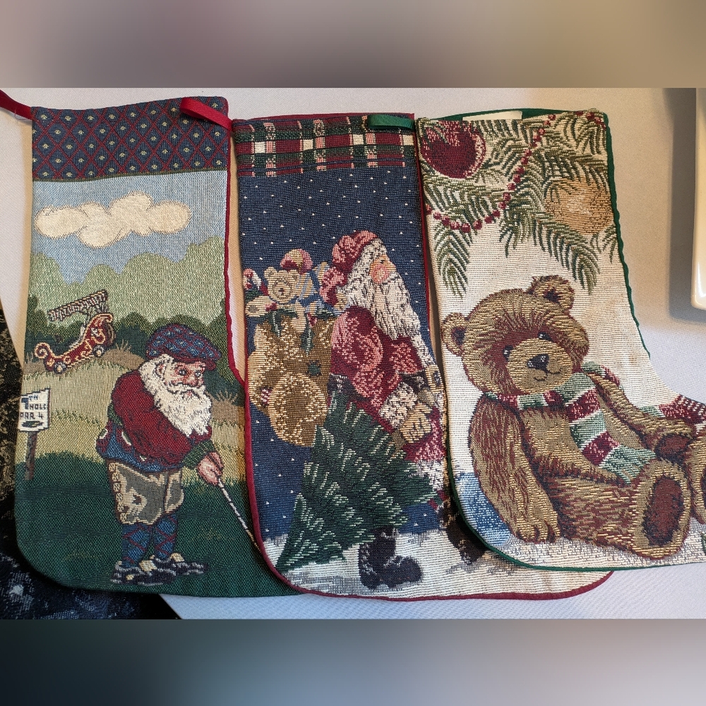 3 pack Tapestry Holiday Stockings , Santa, Teddy & Golf Gnome.